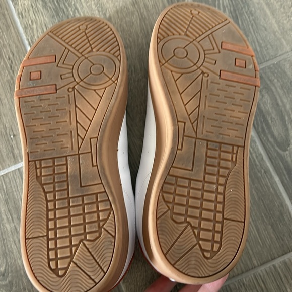 White, Orange and tan sneakers; worn twice; eco friendly recycled shoes; size 8 - Picture 3 of 4